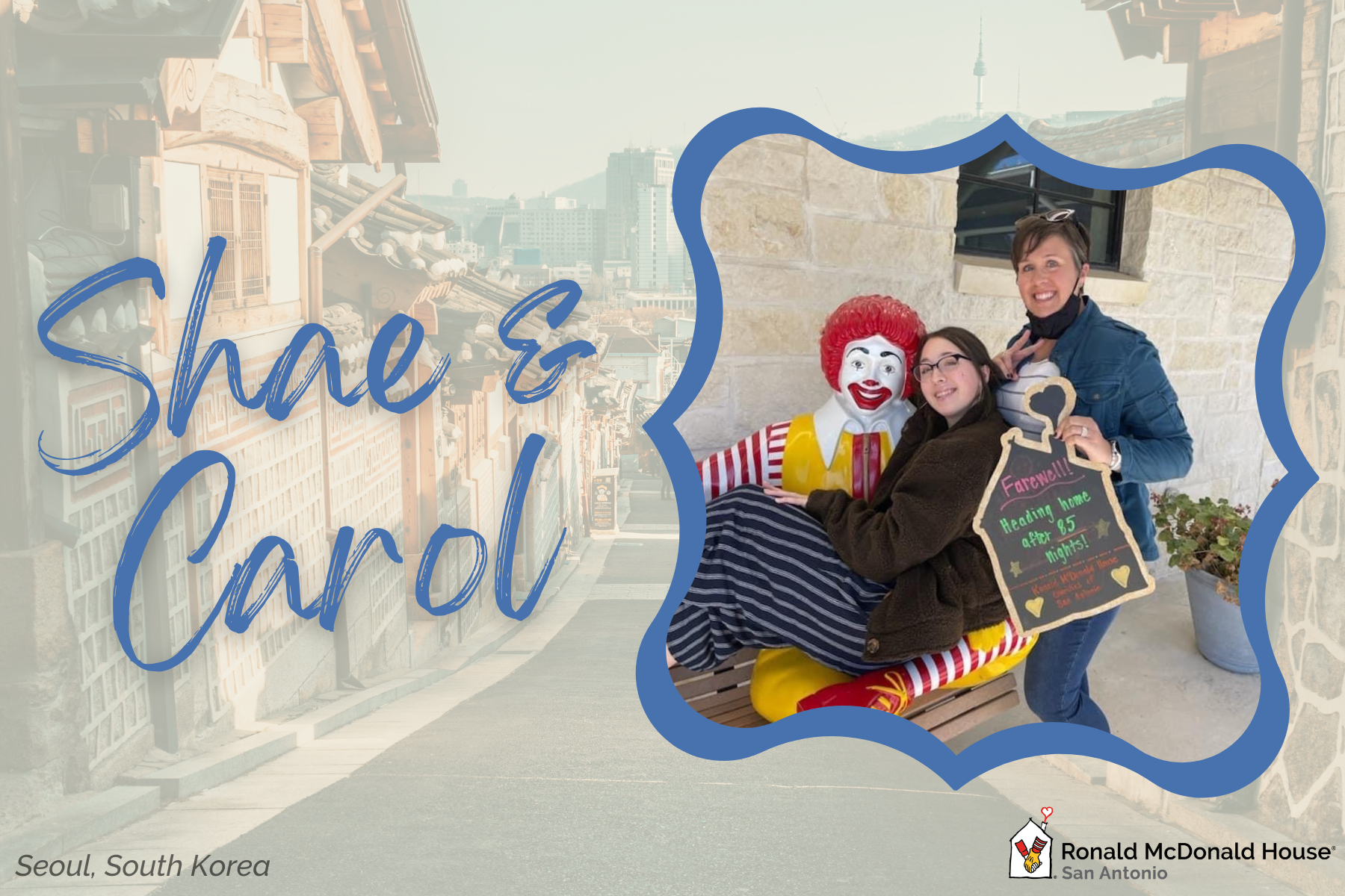 Mother Carol and daughter Shae take a photo next to a Ronald McDonald statue